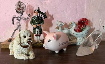 Variety Of Small Decor Including Bobble Head Dog And Piggy Bank