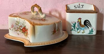 Porcelain Cheese Dish And Vintage Salt Box