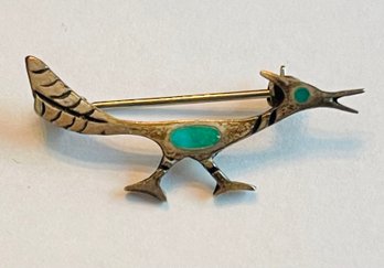 Sterling Silver And Turquoise Southwestern Roadrunner Pin