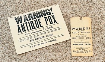 Vintage Duo Of Signs Includes: Contagious Disease Sign & Advertisement For Stove Polishing  Mittens