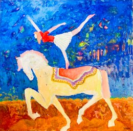 Jim Barker Signed Acrobat On Horse Acrylic Painting, Unframed