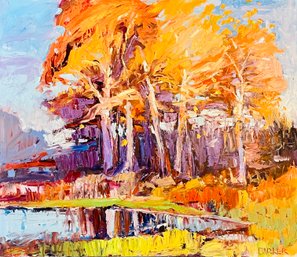 Jim Barker Signed Pond Reflections Acrylic Painting, Unframed