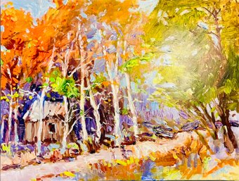 Jim Barker Signed Cottage On Forest Acrylic Painting, Unframed