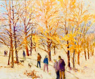 Jim Barker Signed People On Snow Acrylic Painting, Unframed
