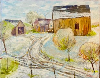 Jim Barker Signed Snowy Farm Acrylic Painting, Unframed