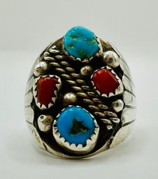 Turquoise And Coral Mens Navajo Sterling Silver Ring