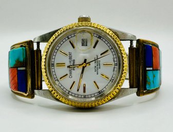 Charles Hubert Paris Watch With 12k Gold Filled Gemstone Inlaid Wristband