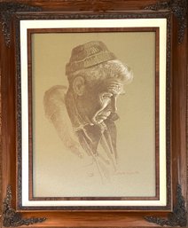 Crayon And Chalk Portrait Of Weathered Fisherman, Signed