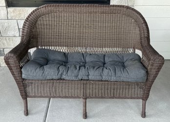 Espresso Wicker Patio Love Seat With Black Cushions