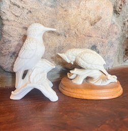 Two (2) White Bird Figurines - One Hummingbird And One Cardinal With Wood Base