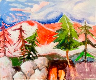 Jim Barker Signed Pines And Mountains Acrylic Painting, Unframed