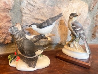 Two (2) Porcelain Bird Figurines -1 Lefton China Mocking Bird (KW1184) And 1 Gallery Originals With Two Birds