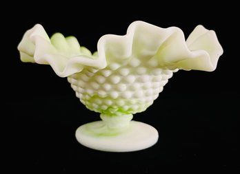 Vintage Fenton Milk Glass Hobnail Pedestal Ruffled Edge Compote Bowl