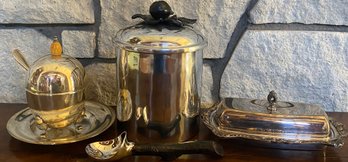 Small Grouping Of Silver Plated Dishes Including A Small Ice Bucket With Scoop