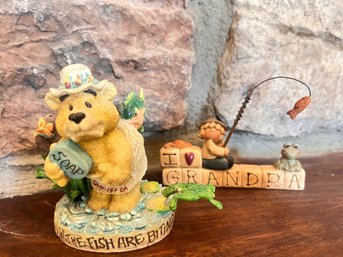 Two (2) Grandpa And Fishing Bear  Figurines