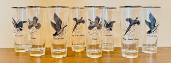 8 Pc. Mid Century Richard Bishop Silver Rimmed Game Bird Highball Water Glasses