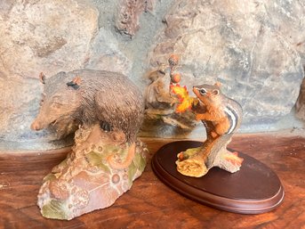 Tom Clark Possum Figurine With FIRST LAST Signature And Lenox Autumn Adventure Eastern Chipmunk Figurine