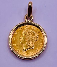 1853 1 Dollar Gold Coin Mounted On Gold Pendant Frame- 2.1 Grams