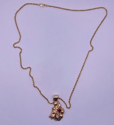 14K Rope Chain W/14K Nugget Stamped Pendant W/Diamond And Ruby Stone Accents- 20.7 Grams TW