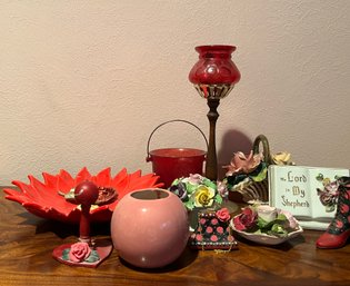 Variety Of Small Home Decor Including Floral Candle Holders And Dish
