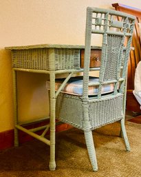 Vintage Pale Green Wicker With Oak Top Desk And Chair