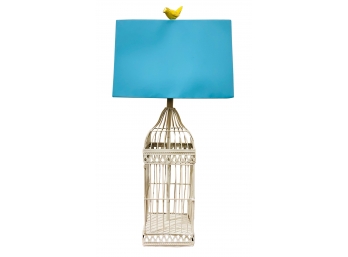 Yellow Bird Birdcage Metal Blue Shade Table Lamp