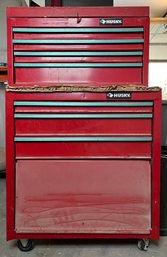 Pair Of Red Husky Toolboxes With Variety Of Miscellaneous Tools