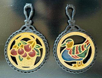 2 Vintage Cast Iron Stained Glass Trivet Hanging Decor Made In Taiwan