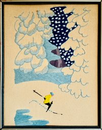 Vintage Stitched 'Skiing At Vail' By Sharon Hunter Hanging Art Work
