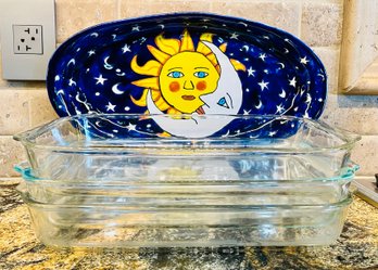 Trio Of Pyrex Clear Casserloe Pans & Blue Sun And Moon Serving Platter