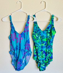 Two Vintage Patterned Tropical One Piece Swim Suits