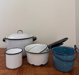 Vintage Enamelware Cookware And Cups
