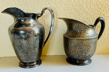 Pair Of Silver Plated Pitchers Including One Hand Hammered