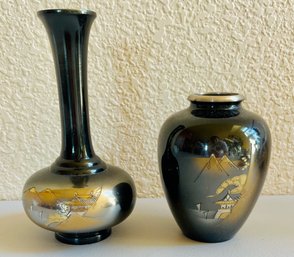 Japan Mixed Metal Vase With Silver Inlay Pagoda And Waterfall And Gourd Vase