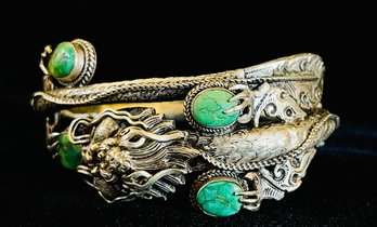 Tibetan Silver And Green Turquoise Asian Dragon Bracelet