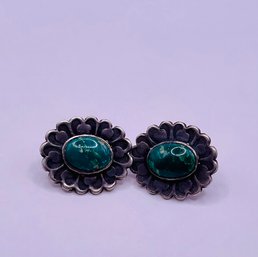 Tibetan Silver And Green Turquoise Stud Earrings