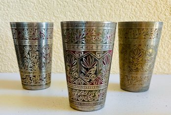 Trio Of Engraved Metal Cups