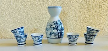 Vintage Blue And White Bamboo Sake Set