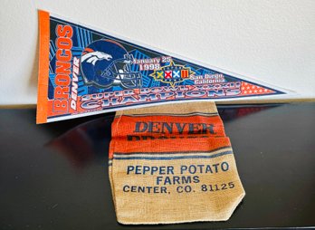 Vintage Broncos Super Bowl XXXII Pendent Flag With Denver Broncos Potato Farm Sack