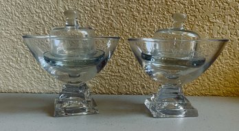 Pair Of Glass Bowls And Pedestal Lids
