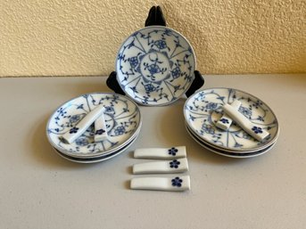 ROYAL TETTAU Porcelain Chateau Blue Saucers And Chopstick Holders