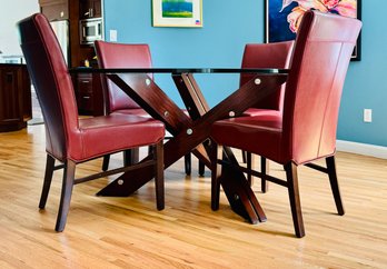 Glass Top Round Table & 4 Red Faux Leather Dinning Chairs, From Arhaus