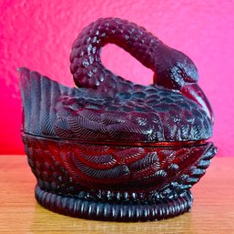 Vintage Ruby Ambernia Swan Candy Dish