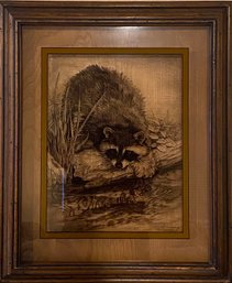 Dennis Curry Lucid Lines Racoon 1976 Hand Drawing Etched On Glass In Shadowbox