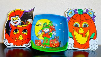 Vintage Halloween Decor And Plastic Bowl