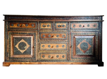 Stunning Moroccan Carved Wood Brass Inlay Buffet Cabinet