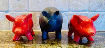 3 PC Lot Of Decorative Pigs Including Two Pig Candle Holders