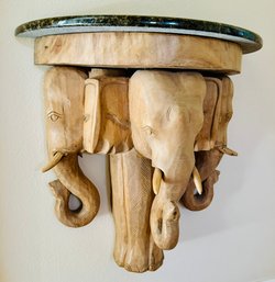 Carved Elephant Demilune Sconce Shelf With Marble Top