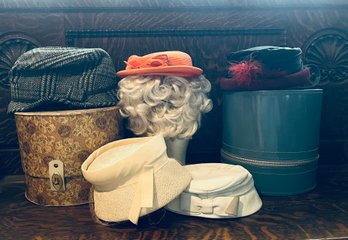 Small Assortment Of Women's Vintage Hats And Empty Hat Cases