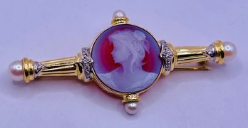 14 KT Diamond Acc. With Cultured Pearls Pink Onyx Cameo Pin